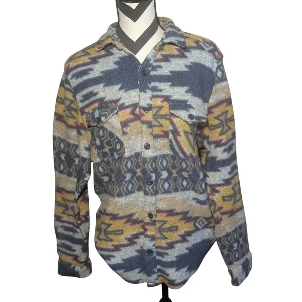 Raw Yarn Mens Aztec Southwest Fleece Button Up Shirt Jacket Large Tribal Print